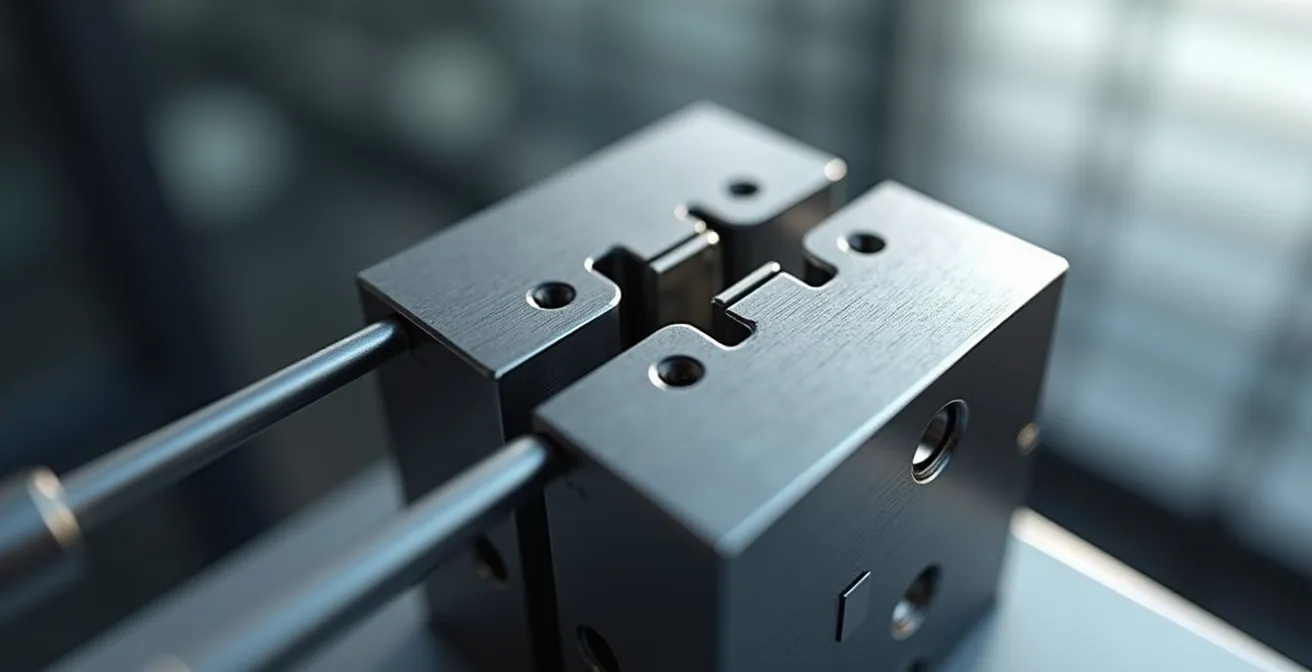 Vue macro d'une charnière de précision montrant articulations métalliques et détails mécaniques