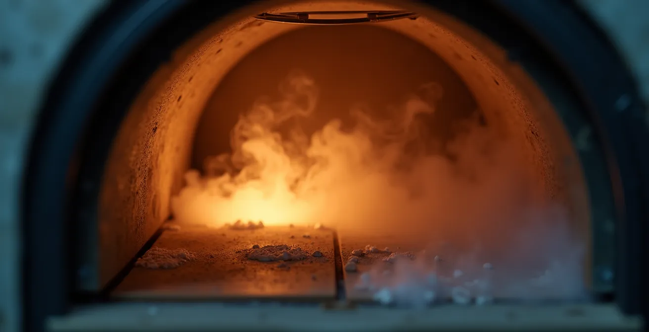 Scène photographique d'un four moderne en cours de nettoyage pyrolyse, avec lumière douce et ambiance contrôlée