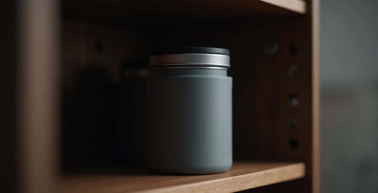 Boîte hermétique de conservation pour café moulu dans un placard sombre
