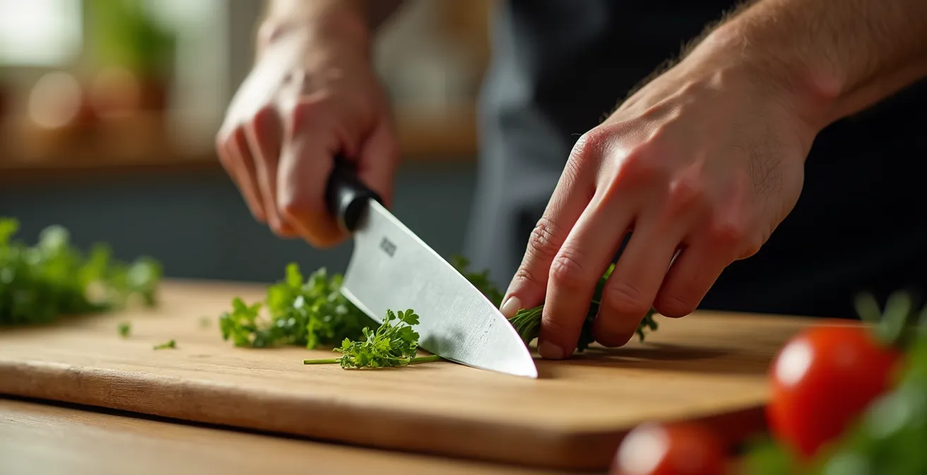 Mains d'un cuisinier passionné exécutant une coupe précise au couteau de chef sur une planche en bois dur