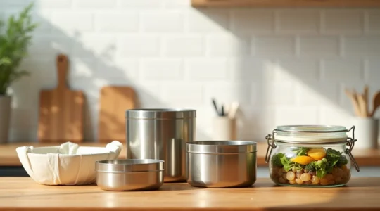 Ensemble de contenants alimentaires durables disposés sur un plan de travail en bois naturel