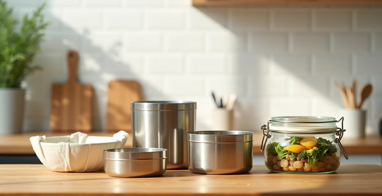 Ensemble de contenants alimentaires durables disposés sur un plan de travail en bois naturel