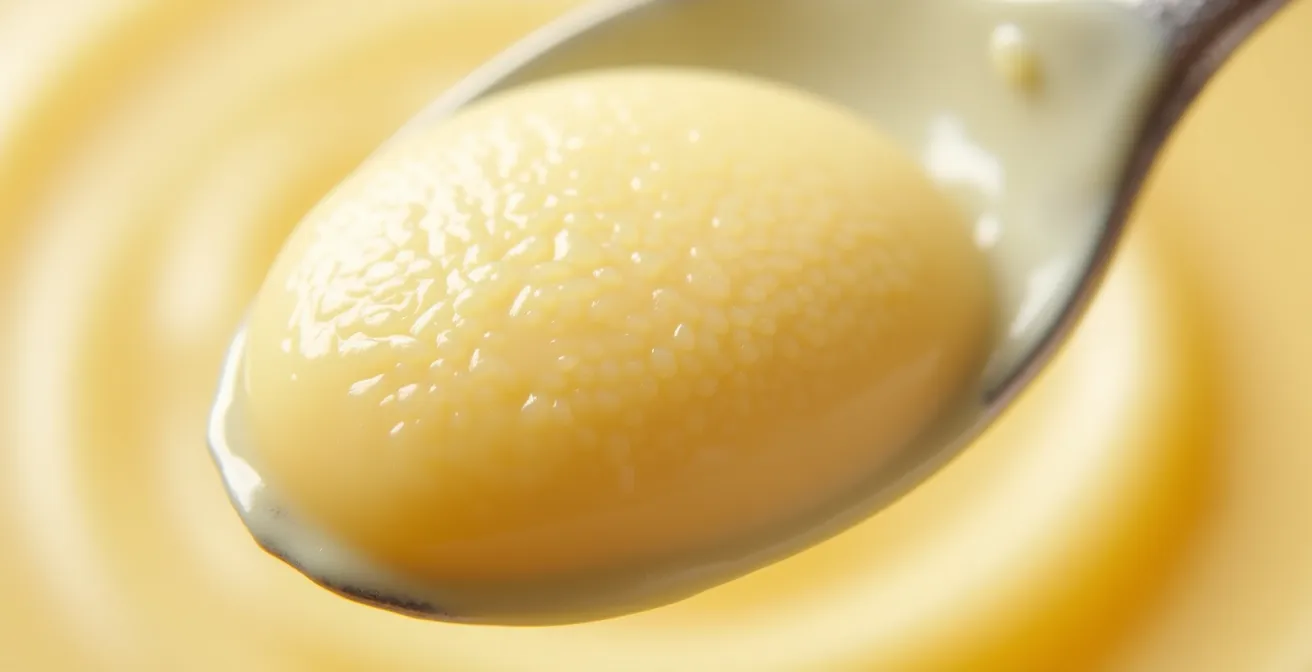 Vue rapprochée macro d'une crème au beurre émulsionnée montrant la texture finement granuleuse et brillante