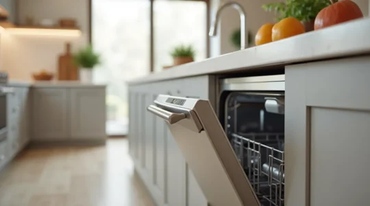 Lave-vaisselle encastrable intégré harmonieusement sous un plan de travail de cuisine moderne, porte légèrement entrouverte