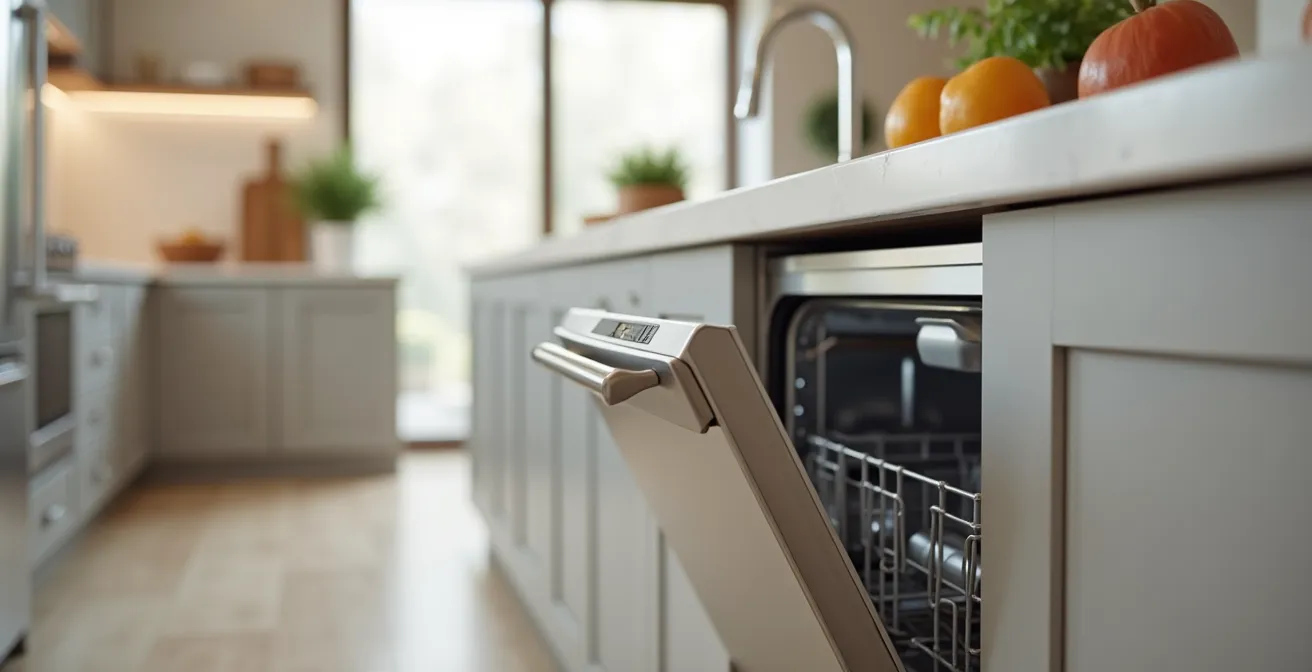 Lave-vaisselle encastrable intégré harmonieusement sous un plan de travail de cuisine moderne, porte légèrement entrouverte