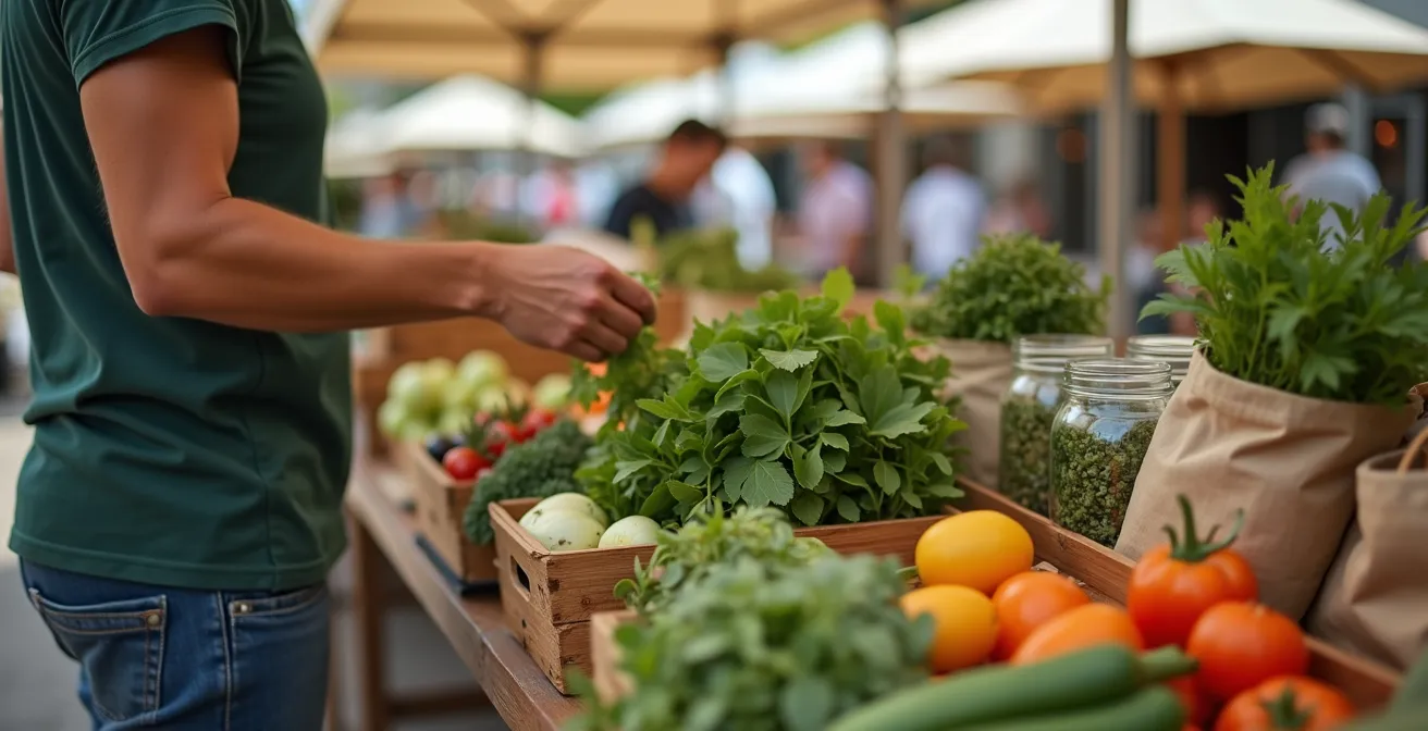 Client dans un marché fermier, remplissant des contenants réutilisables de produits locaux frais