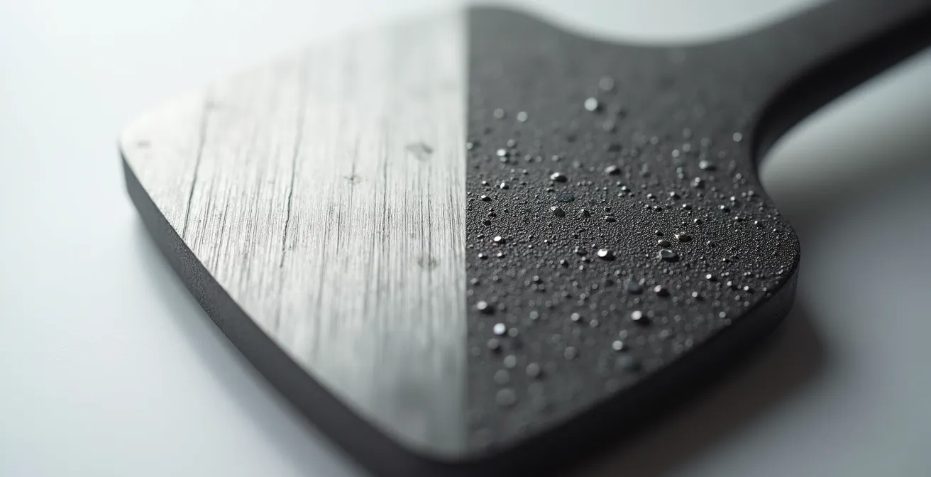 Gros plan comparatif en macro montrant la texture brillante d'un inox 18/10 versus la dégradation d'un revêtement antiadhésif rayé