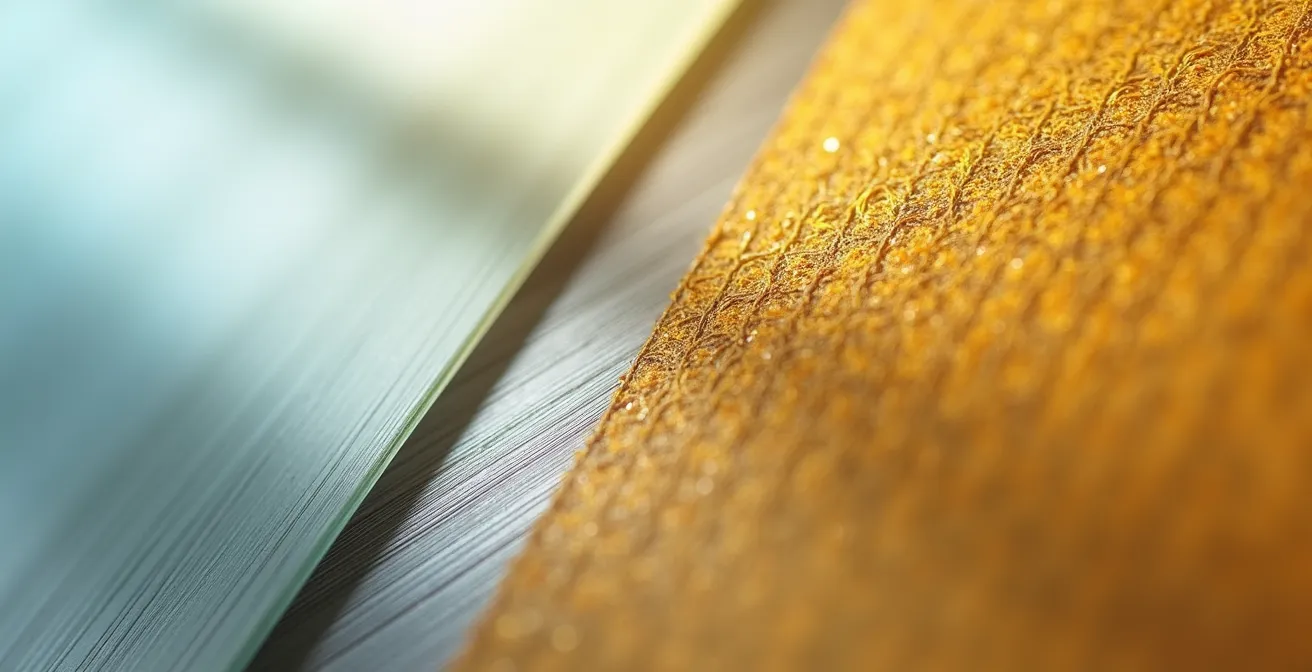 Détail macro des textures de trois matériaux : verre lisse, inox brossé et cire d'abeille tissée