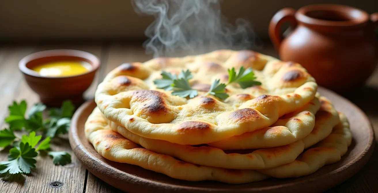 Pain naan indien frais, gonflé et croustillant, sortant d'une poêle chaude avec légères traces de cuisson