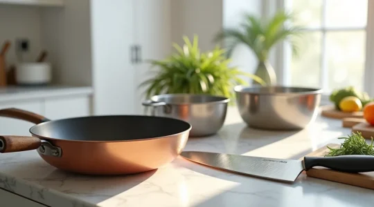 Scène de cuisine professionnelle amateur avec ustensiles premium et matériaux nobles en composition équilibrée