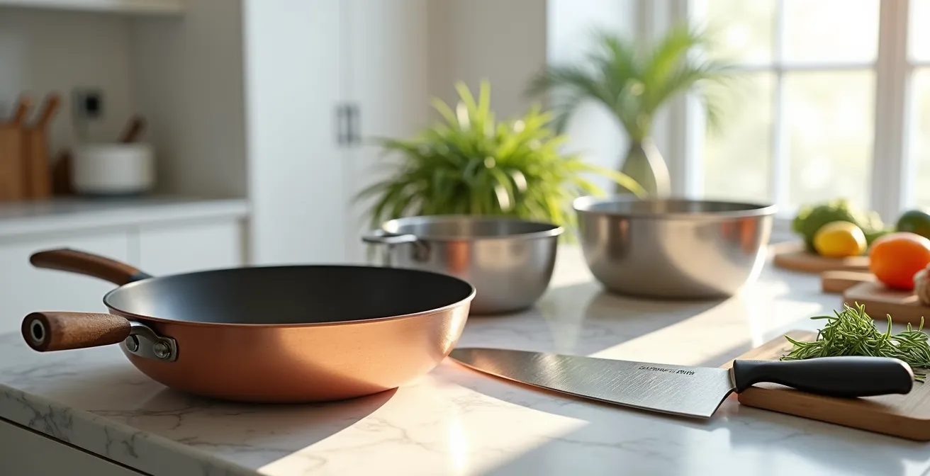 Scène de cuisine professionnelle amateur avec ustensiles premium et matériaux nobles en composition équilibrée