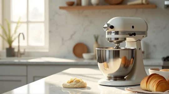 Robot pâtissier professionnel en acier inoxydable dans une cuisine moderne avec accessoires de pâtisserie