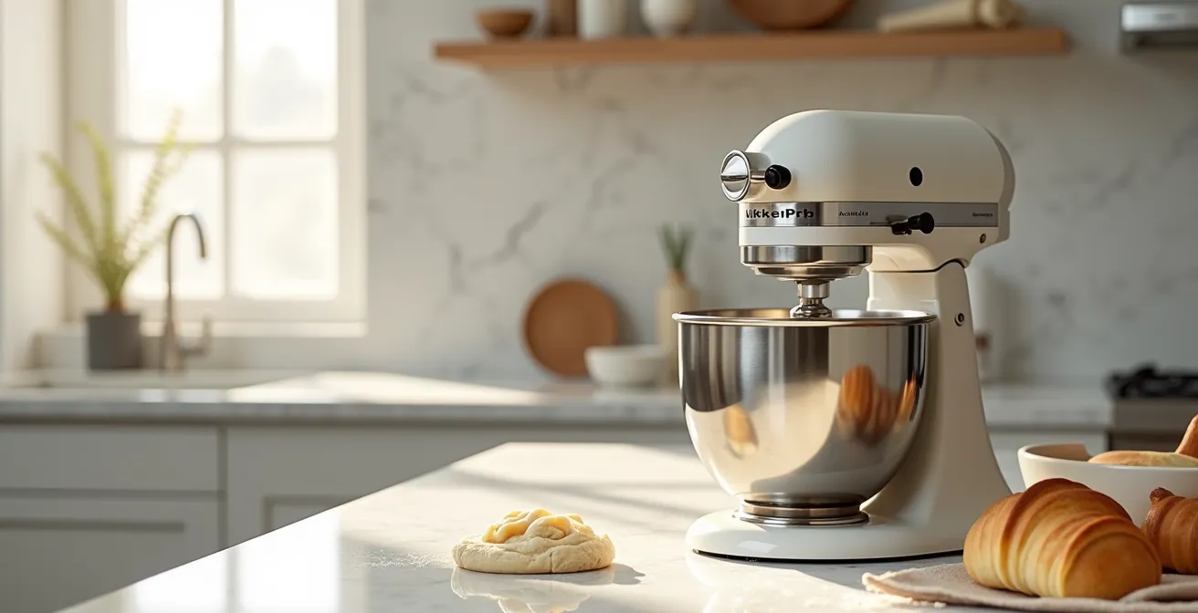 Robot pâtissier professionnel en acier inoxydable dans une cuisine moderne avec accessoires de pâtisserie