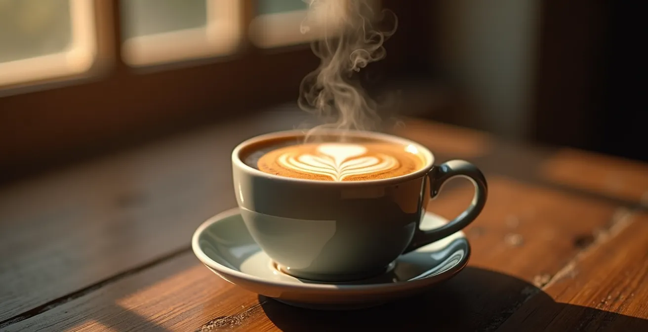 Tasse de café arabica fraîchement préparée avec des arômes s'échappant en volutes fines