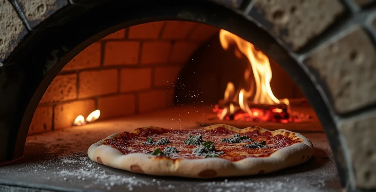 Four à bois traditionnel dans une pizzeria marseillaise avec feu ardent et ambiance authentique
