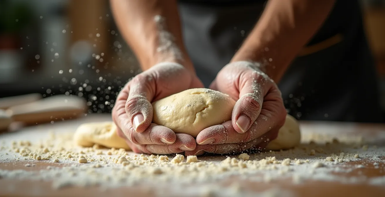 Gros plan sur les mains expertes d'un pizzaiolo marseillais pétrissant la pâte avec maîtrise