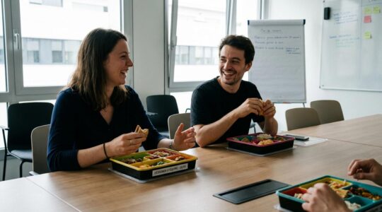 Déjeuner d'équipe avec plateaux repas adaptés aux différents régimes alimentaires
