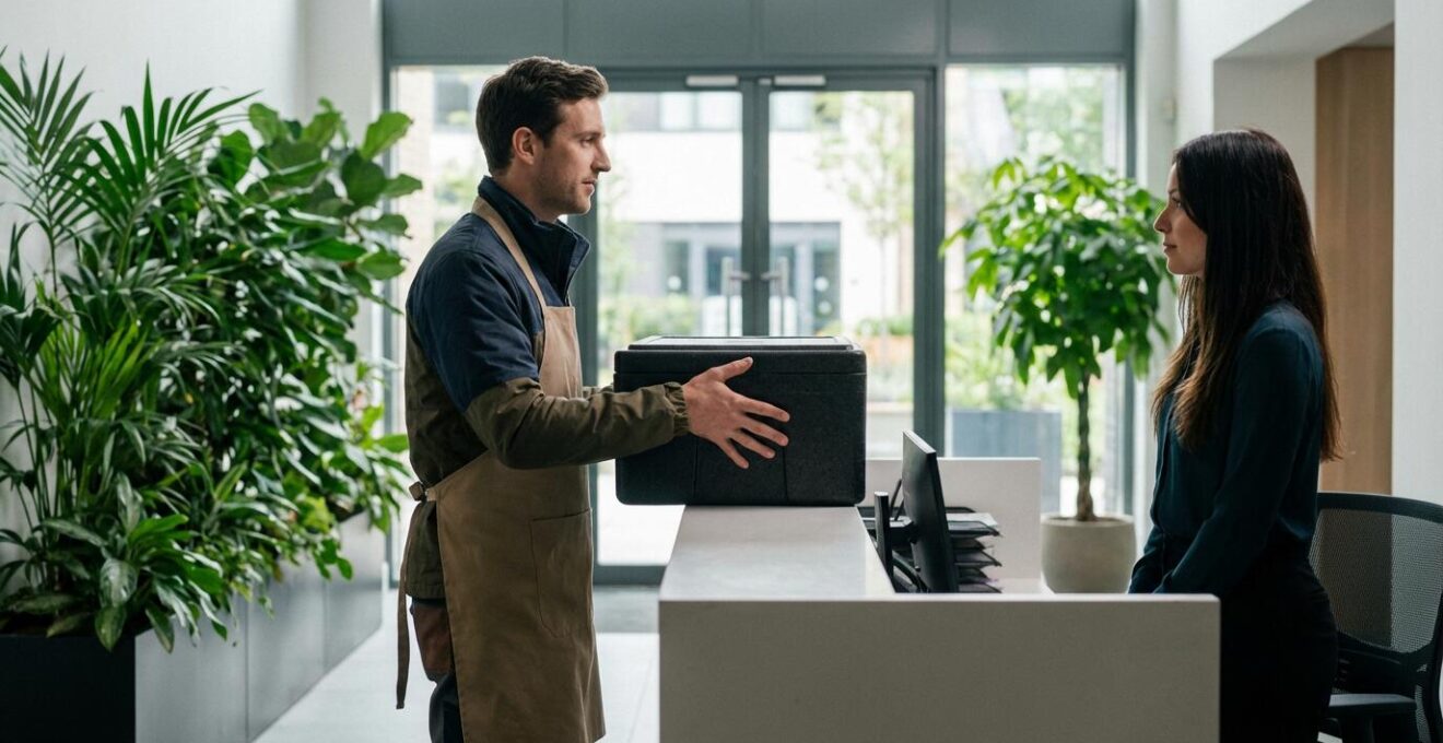 Livreur déposant des plateaux repas adaptés dans le hall d'une entreprise