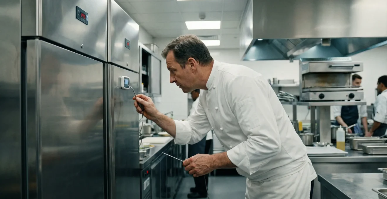 Chef contrôlant température armoire réfrigérée cuisine professionnelle HACCP