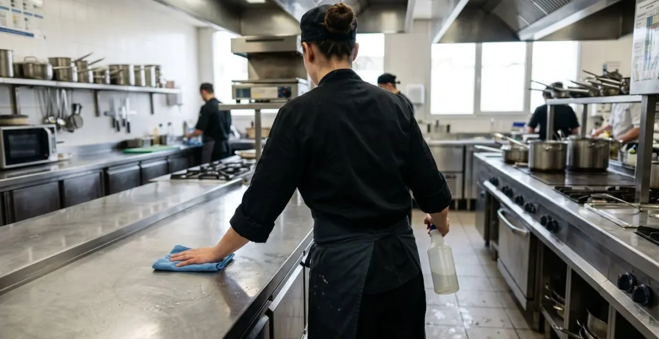 Employé de cuisine professionnelle vu de dos nettoyant une surface en inox avec un vaporisateur et une lavette microfibre