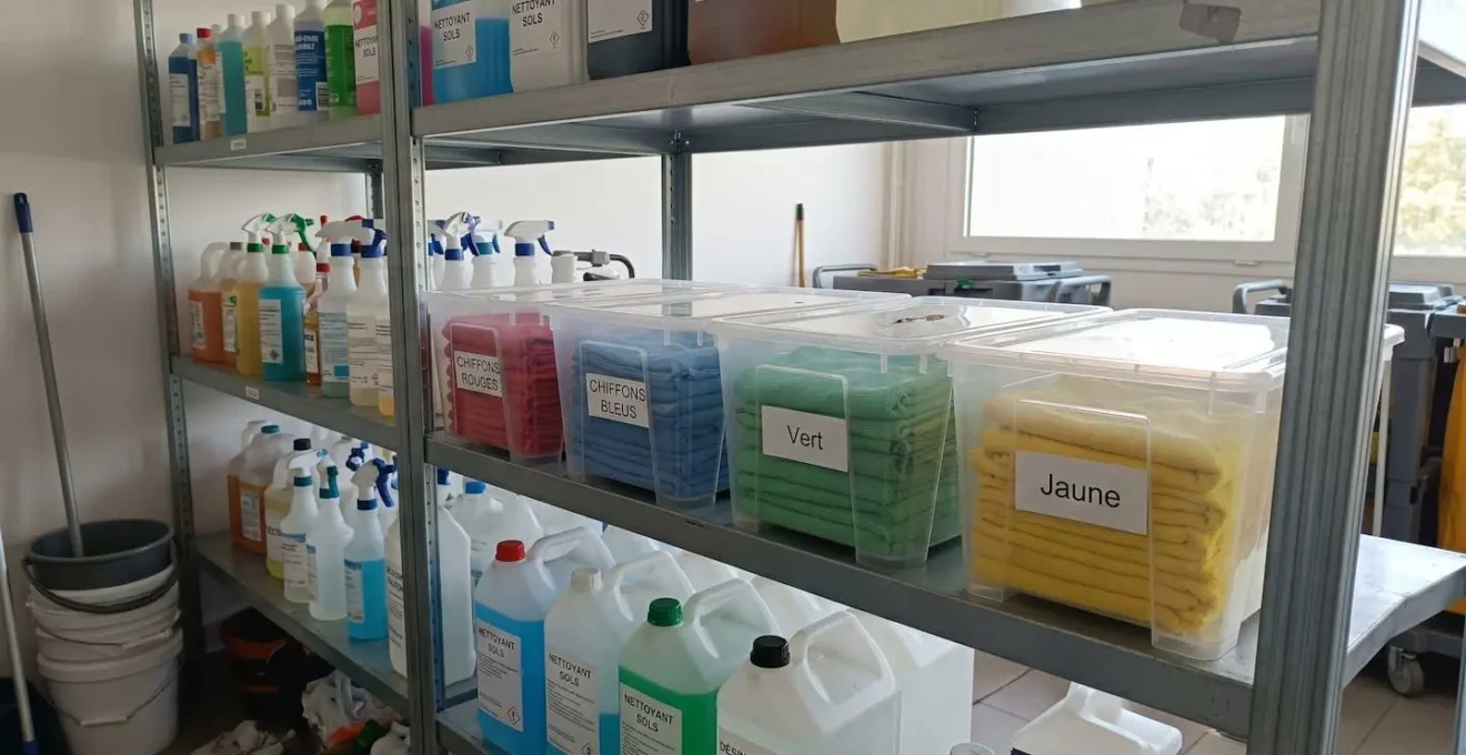 Étagère de rangement avec lavettes microfibres de différentes couleurs séparées dans des contenants étiquetés dans une zone de stockage professionnelle