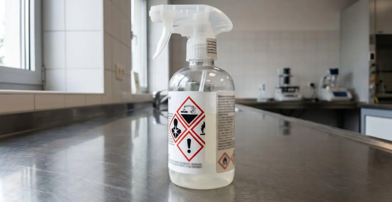 Gros plan d'un flacon vaporisateur de désinfectant professionnel avec bouchon doseur sur un plan de travail en inox, pictogrammes de sécurité visibles