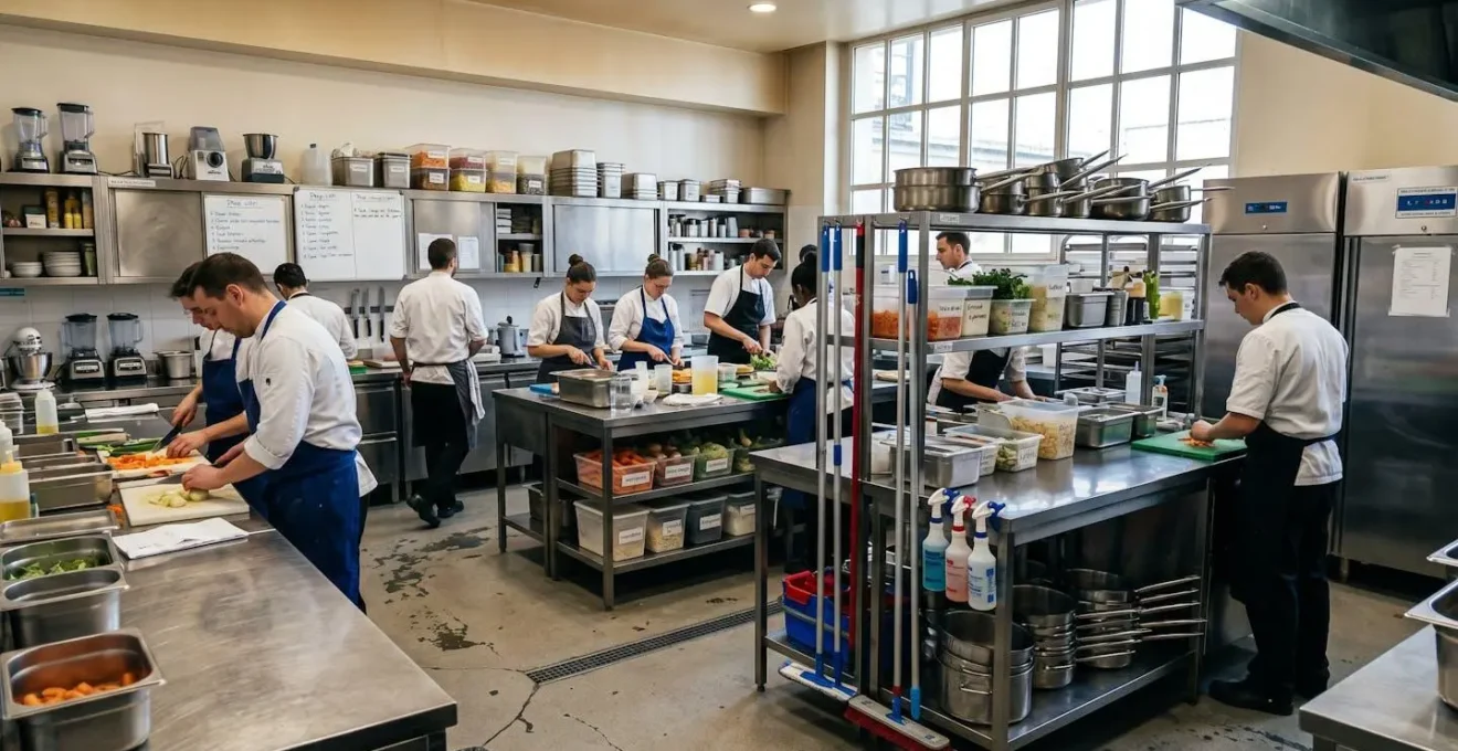Zone de préparation d'une cuisine professionnelle avec plans de travail en inox et étagères de rangement organisées avec du matériel de nettoyage à code couleur