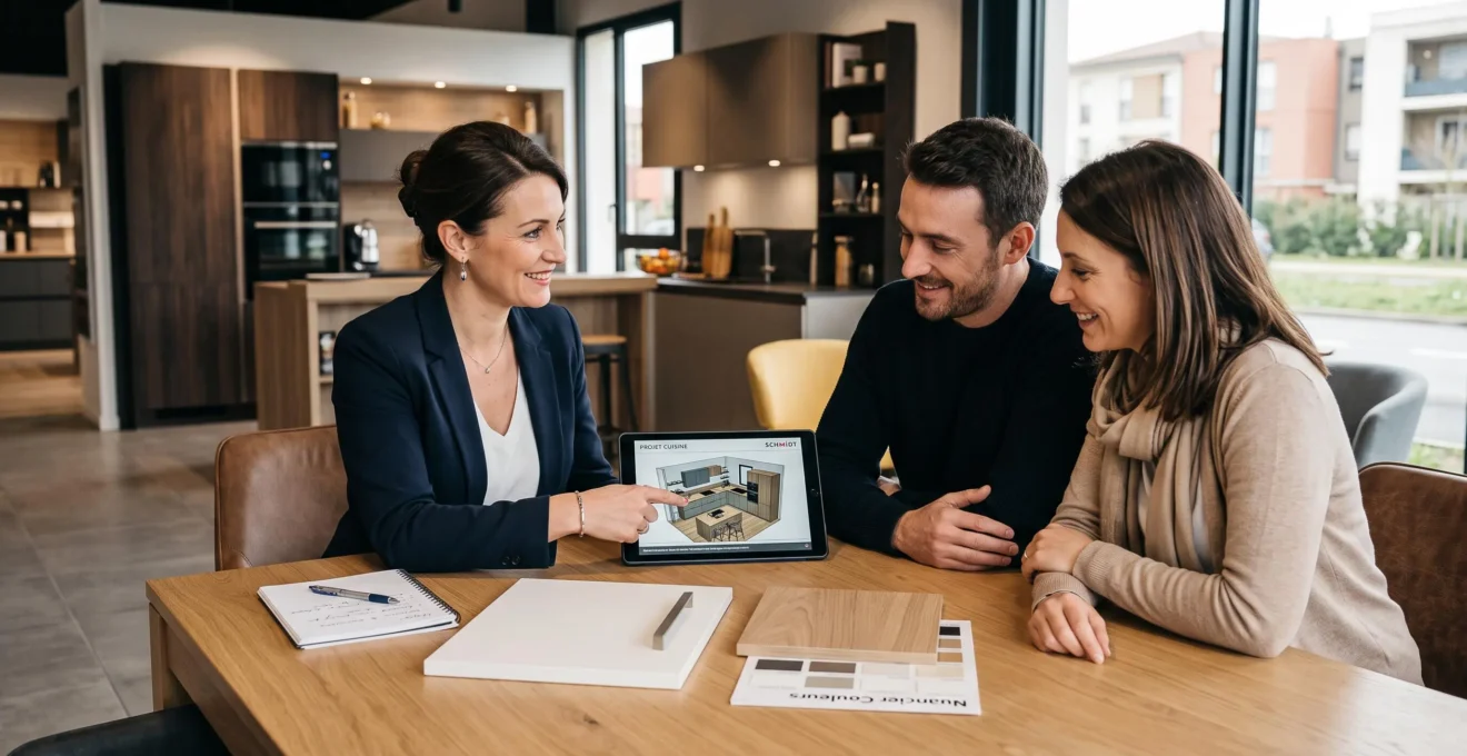 Conseillère Schmidt présentant un plan 3D de cuisine personnalisée sur tablette à un couple de clients dans le showroom de Tournefeuille, avec échantillons de matériaux sur la table