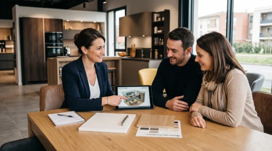 Conseillère Schmidt présentant un plan 3D de cuisine personnalisée sur tablette à un couple de clients dans le showroom de Tournefeuille, avec échantillons de matériaux sur la table