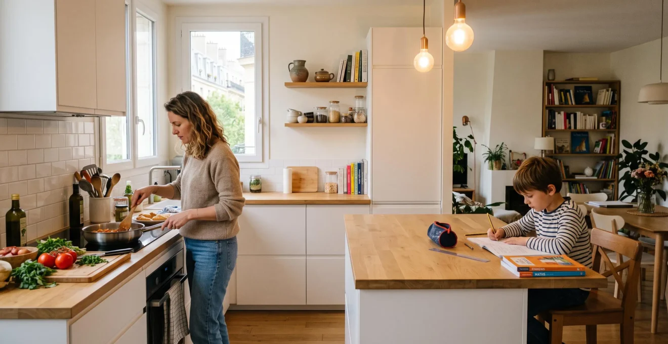 Mère préparant le repas dans une cuisine ouverte moderne pendant que son enfant fait ses devoirs au comptoir, illustrant l'usage familial quotidien multi-activités