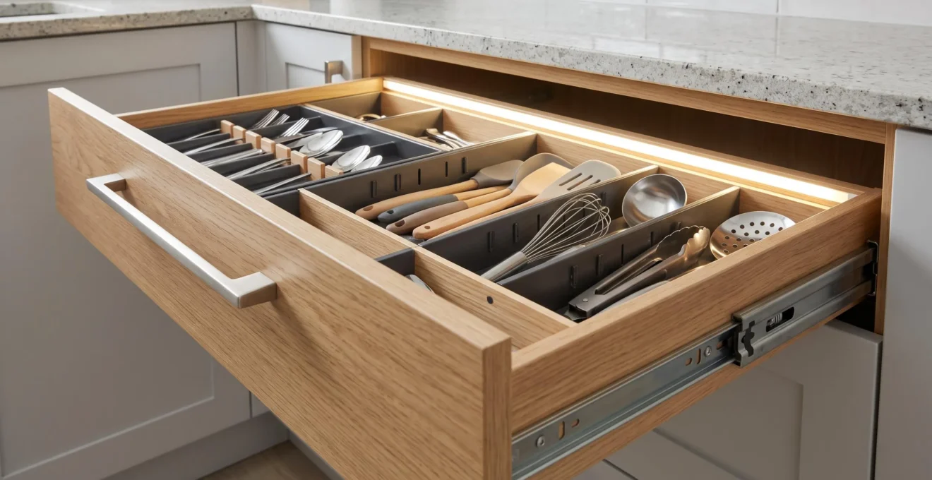 Tiroir de cuisine ouvert dévoilant un système de rangement modulable avec séparateurs ajustables et compartiments de différentes tailles pour ustensiles